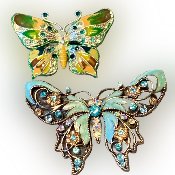Vintage lot of 2 Butterfly pins brooch Avon light blue green yellow sparkle - Picture 5 of 16